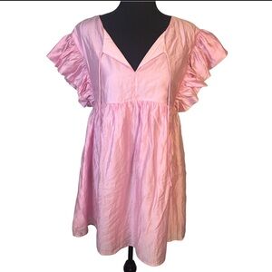 Storia Pink Babydoll Mini Dress Sz M V Neck Flitter Sleeves Satin Sheen Rush